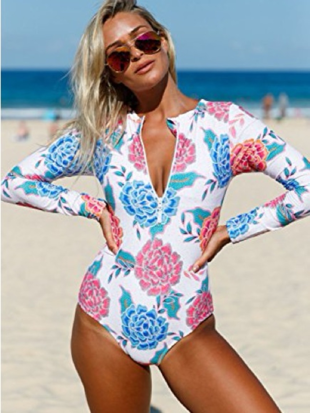 Floral Long Sleeve One Piece Swimsuit Rash Guard Zip Front Pink Blue Medium UPF